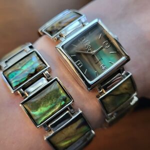 BÜRGI Silver With Abalone Inlay Watch And Matching Link Bracelet Set